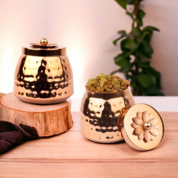 Gold Hammmered Metal Jar with Flower topDiwali Gift Box/Container/Chocolate Box/Dryfruit Box