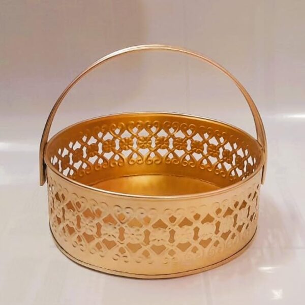 Round Golden Metal Hamper Basket with Handle – Decorative Snack & Gift Tray