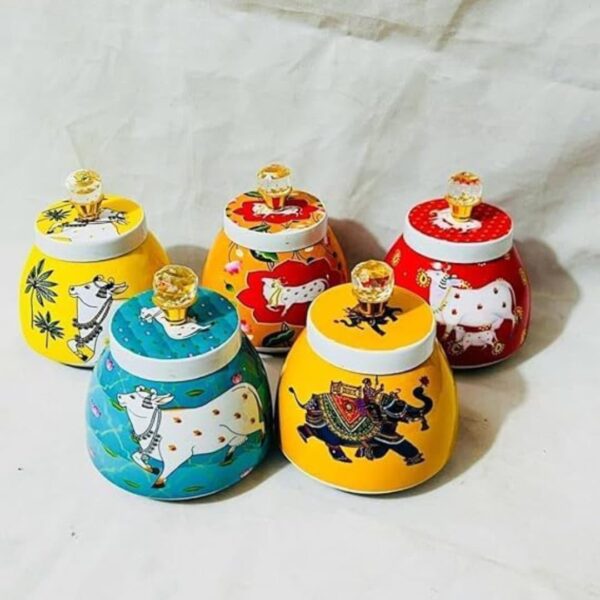 Pichwai Metal Jar: Vibrant Elegance with Handle 4 Inch
