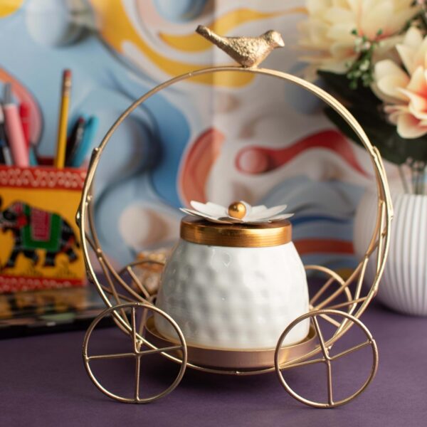 Decorative Ceramic Jar with Golden Cart Stand & Bird Topper – Elegant Table Accent