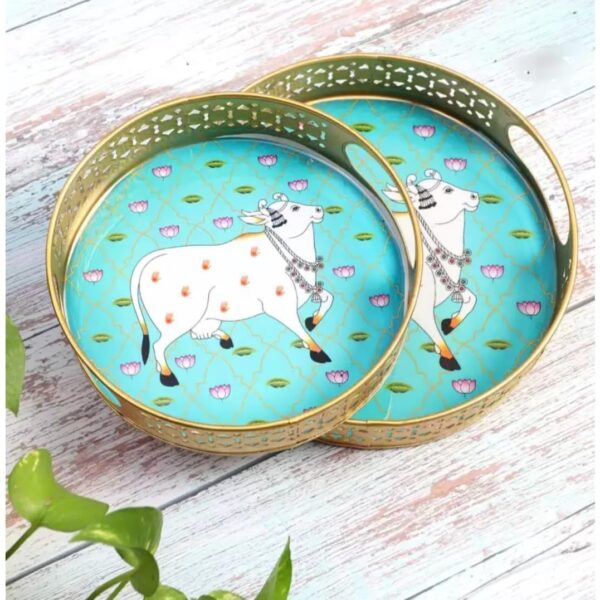Dark Blue Pichwai Tray with Cow Design