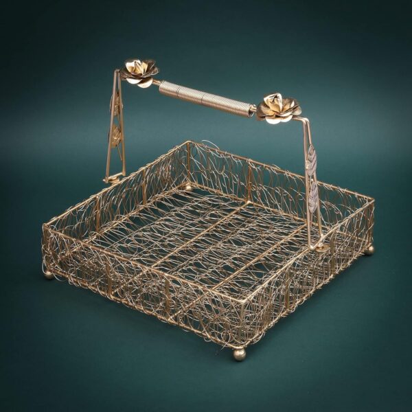 Elegant Floral Handle Wire Basket Hamper – Decorative Metal Tray for Festive Gifting