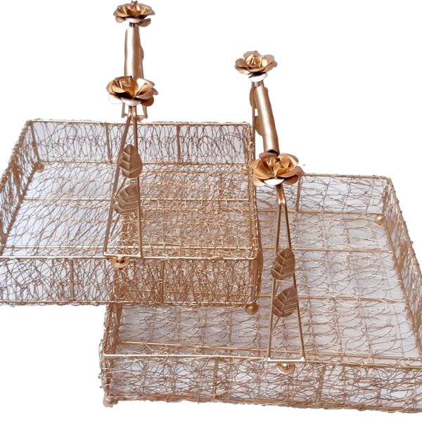 Design Magnifique set of 2 (10&12 inch) metal meshwire hamper Shagun Basket/Tray platter for Packing & Serving Fruits, Sweets & Gifts (Square, Gold)