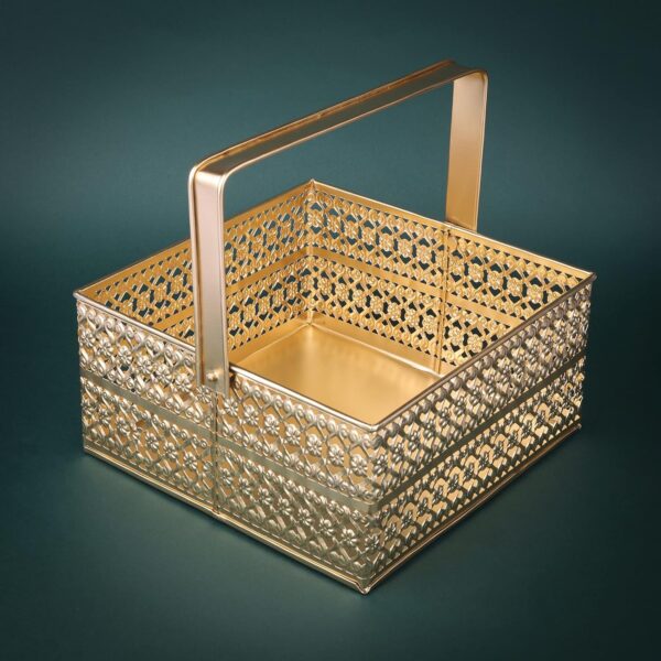 Luxurious Golden Metal Hamper Basket – Decorative Gifting Tray with Handle
