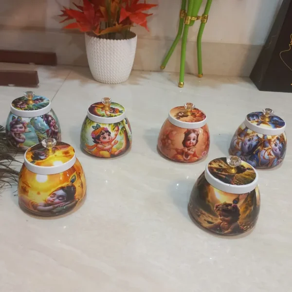 Baby Krishna Printed Metal Jar Design – Set of 6 Devotional Themes