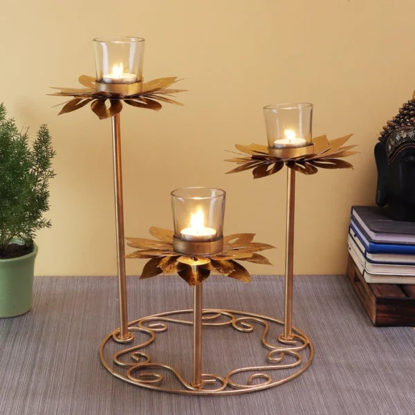 Decorative Glass Finish Sunflower Tealight Holder With Gold Metallic Base