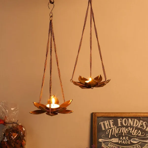 Golden Triple Chain Flower Hanging Tealight Holder For Decor - Set Of 2