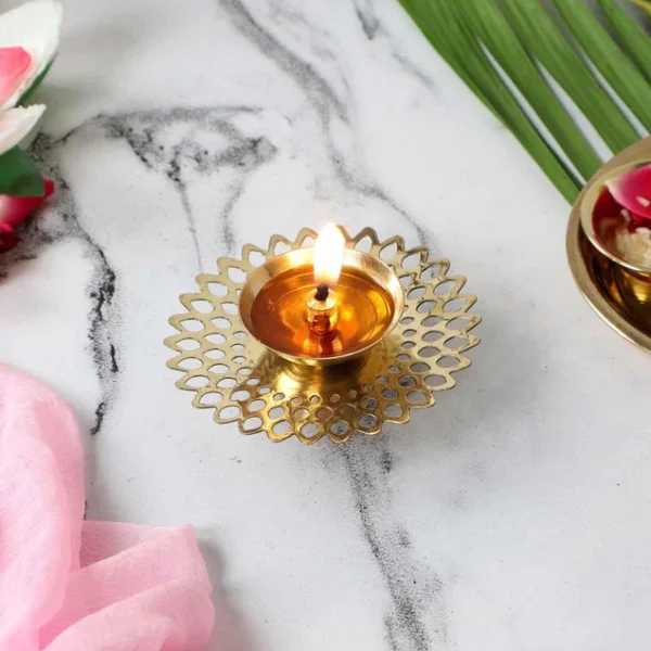 Golden Brass Etching Diya | Round Tealight Holder For Home