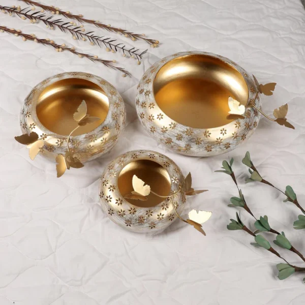 White And Gold Tyre Metal Urli For Decor | Decorative Bowl Set Of 3