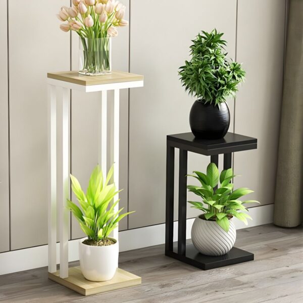 Stain-Resistant Square Wood Plant Table with Shelves - 1 Tier, Solid Base - Black-White