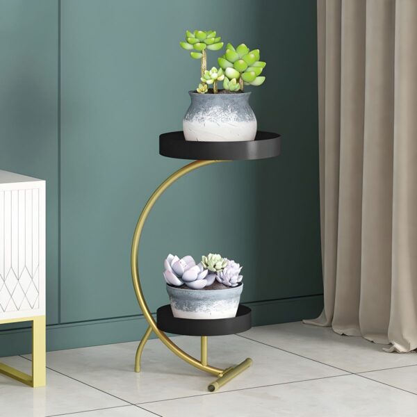 Multi-Tiered Round Metal Plant Table with 2 Shelves and Pedestal Base