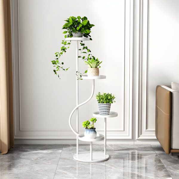 Modern Round Shape Plant Stand Indoor with 4 Shelves and Wooden Base
