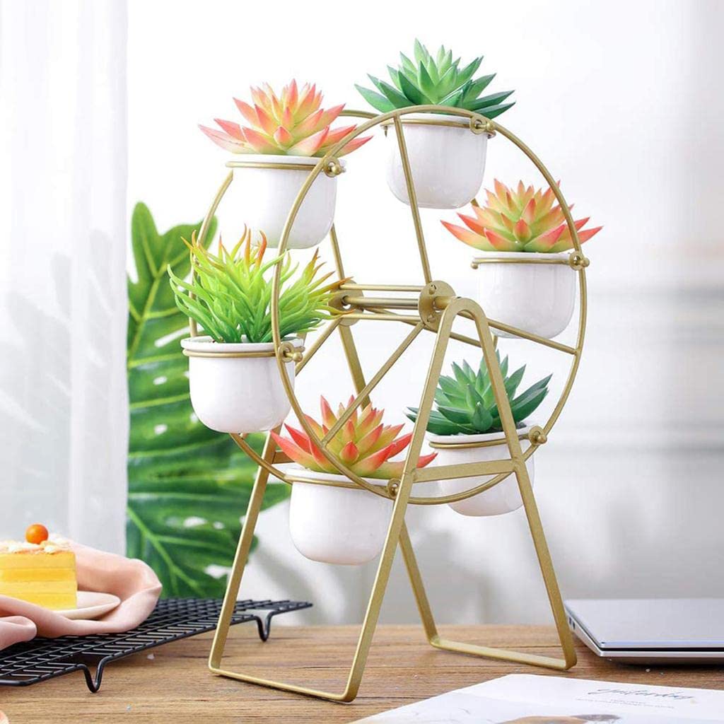 Ferris Wheel Metal Planter Stand | Rotating Mini Flower Pot Holder | Decorative Succulent Planter for Home & Office Table Décor (6 Pots Included)
